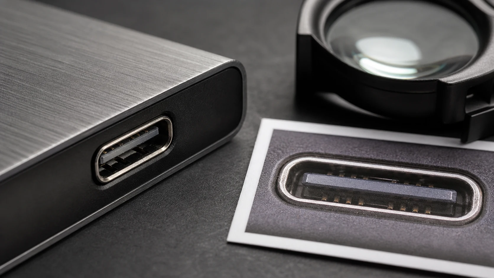 便携 SSD USB-C 接口、内舌片和金属边框的局部放大返检