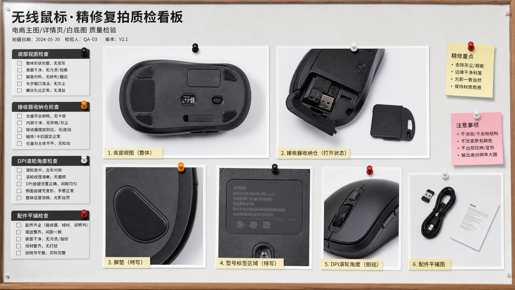 无线鼠标补拍质检板展示接收器仓、底部型号贴和脚贴细节