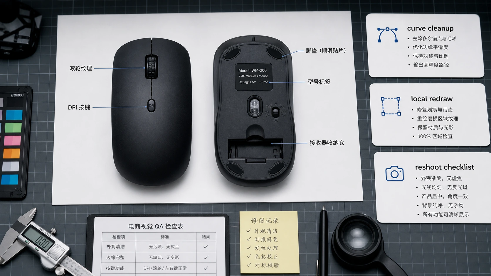 无线鼠标修图工作台上标出 DPI 键、脚贴、接收器仓和三条处理路径