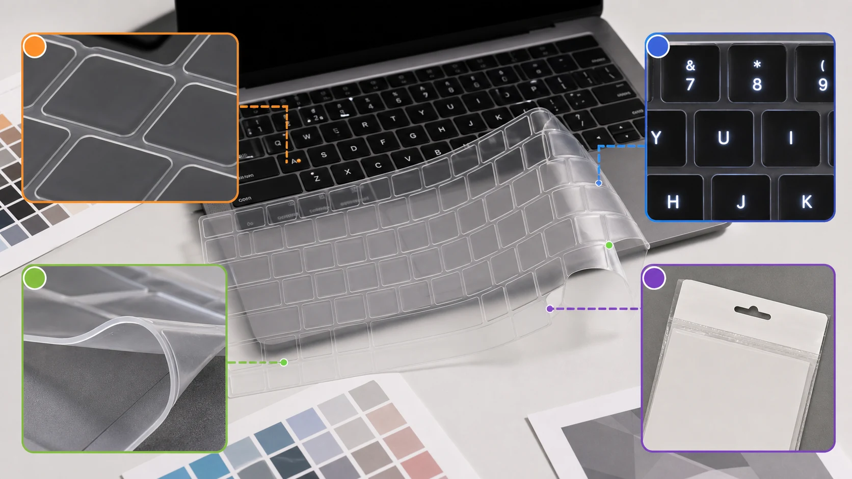 键盘膜商品图区域拆解图展示键位孔透光字符边缘翘角和包装型号