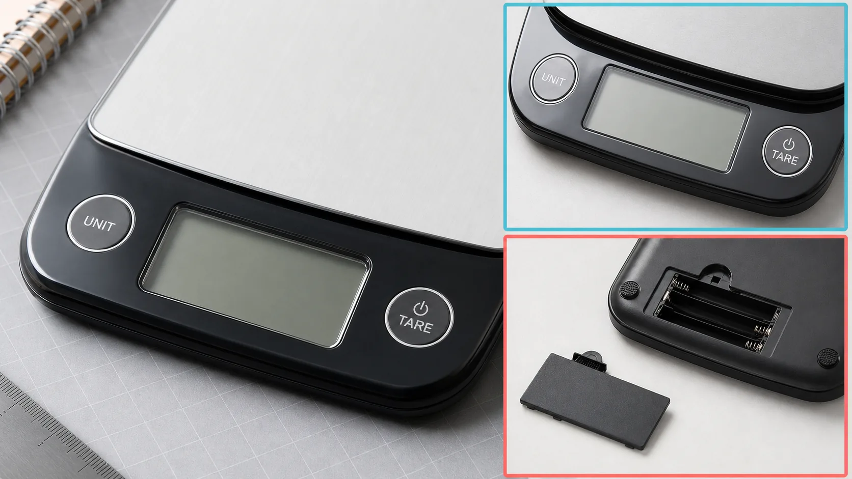 厨房电子秤 LCD 数字单位键和电池仓局部返检板展示可清理区域和保护区域