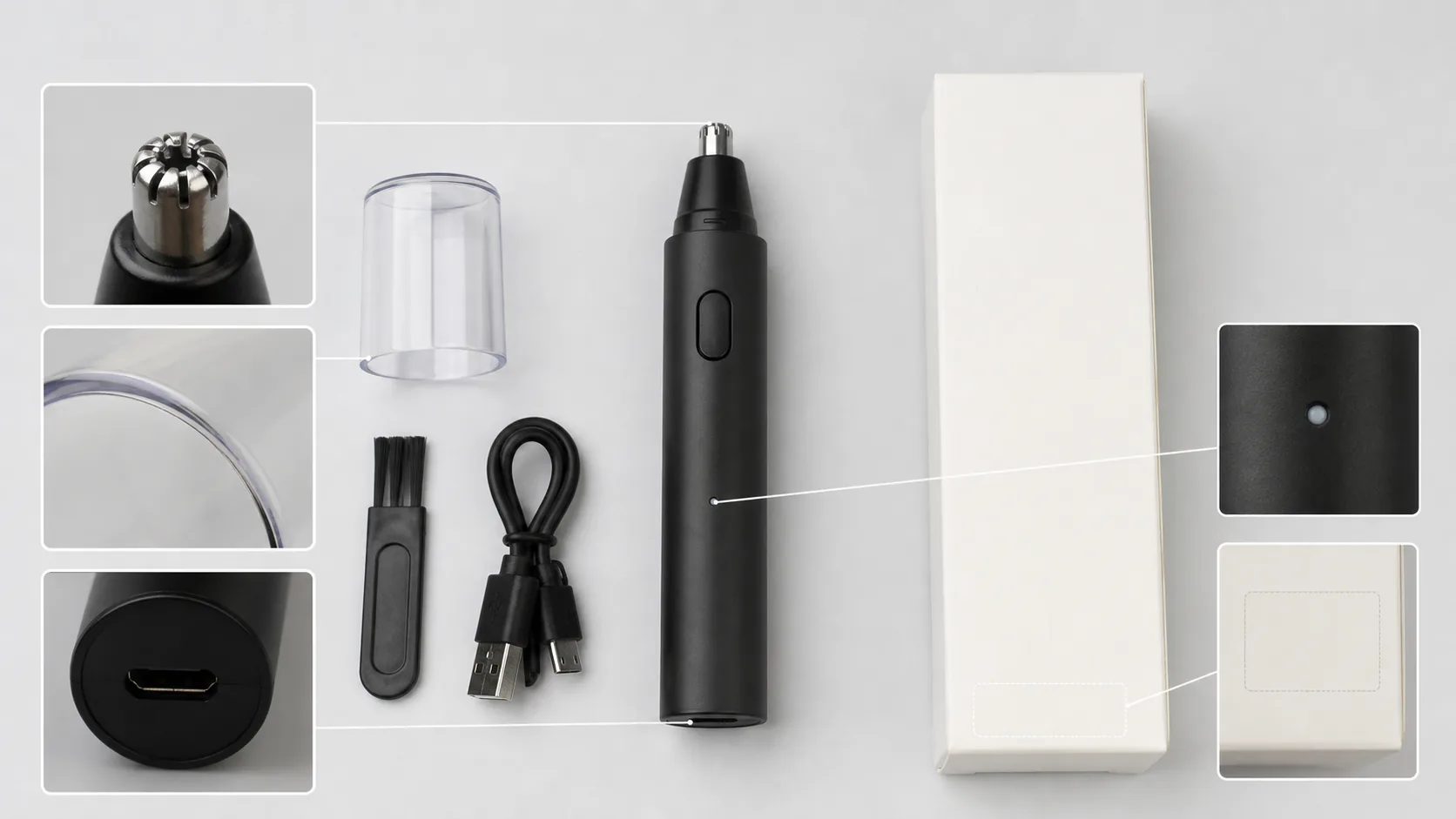 鼻毛修剪器商品图返检工作台展示刀网筒保护盖充电口清洁刷和包装型号