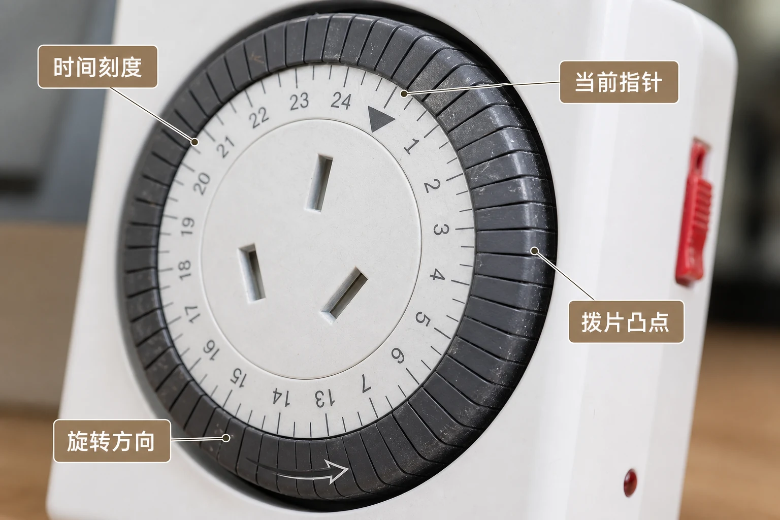 定时插座旋钮刻度局部放大图，标注刻度线、数字、拨片凸点和当前指针位置