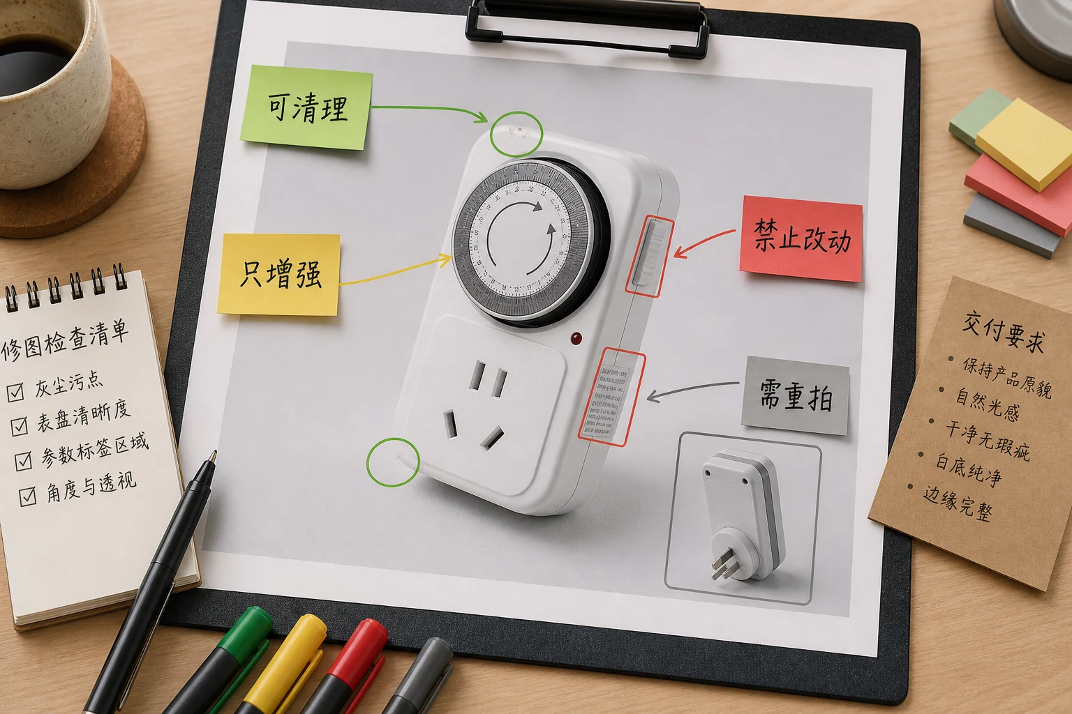 定时插座外包修图标注稿，用绿黄红灰框区分可清理、只增强、禁止改和待补拍区域