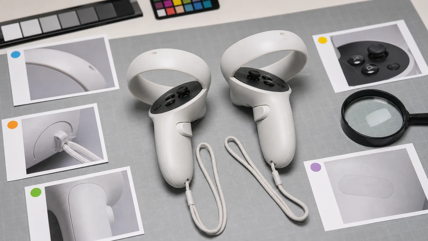 VR 手柄商品图返检工作台展示定位环腕带电池盖和型号贴证据区
