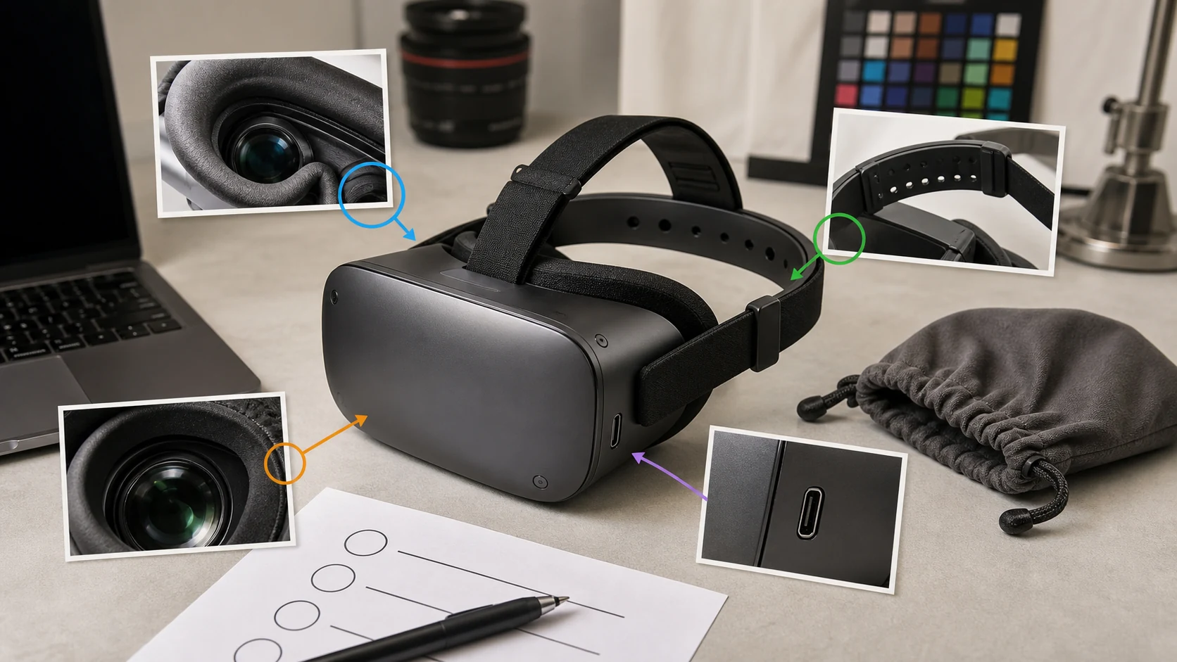 VR 头显商品图返检工作台展示面部衬垫镜片护圈头带和接口证据区