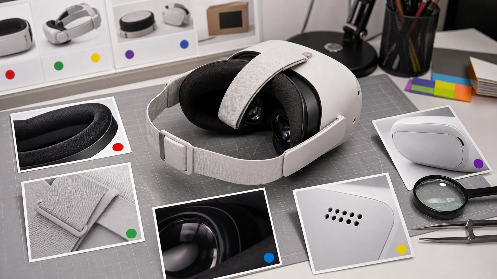 VR 头显外包修图工作台展示面罩海绵、头带滑扣、镜片边和通风孔证据区