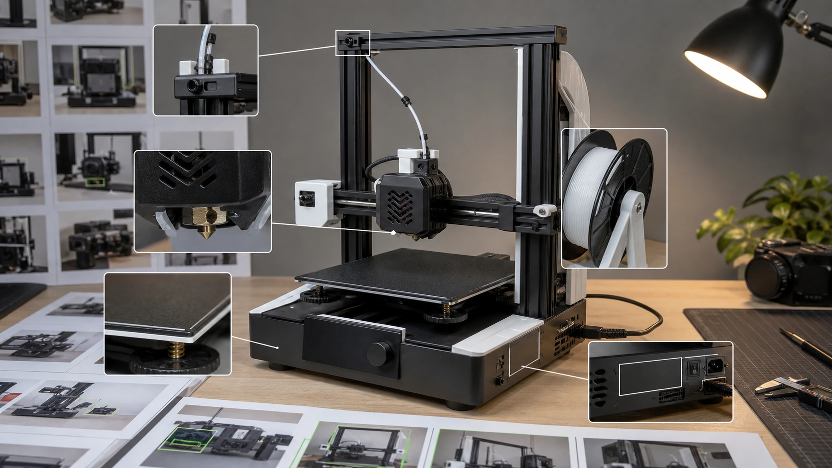 桌面 3D 打印机商品图返检工作台展示喷嘴热床料架耗材路径和铭牌证据区