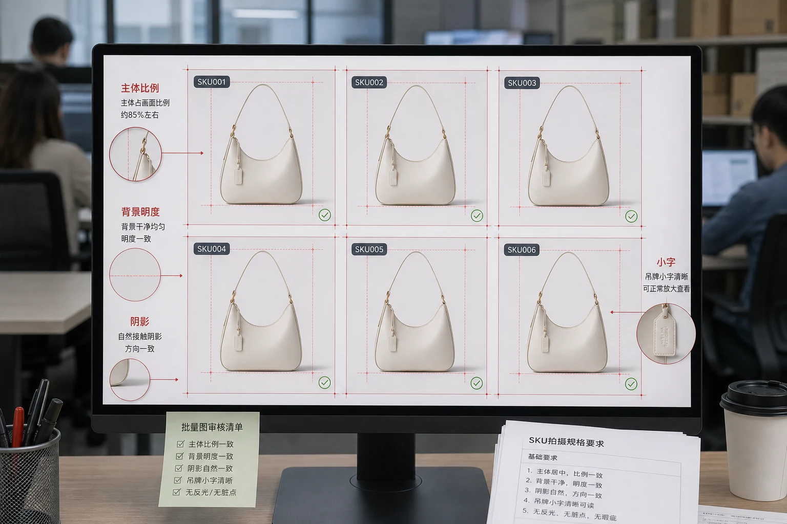 批量商品图一致性检查网格，标出主体比例、背景明度、阴影和小字可读性