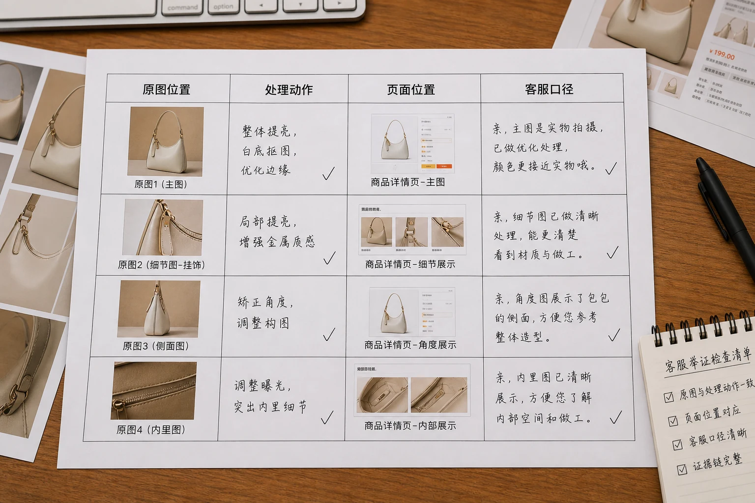 客服证据回看表，包含原图位置、图叮处理动作、页面展示位置和客服解释口径