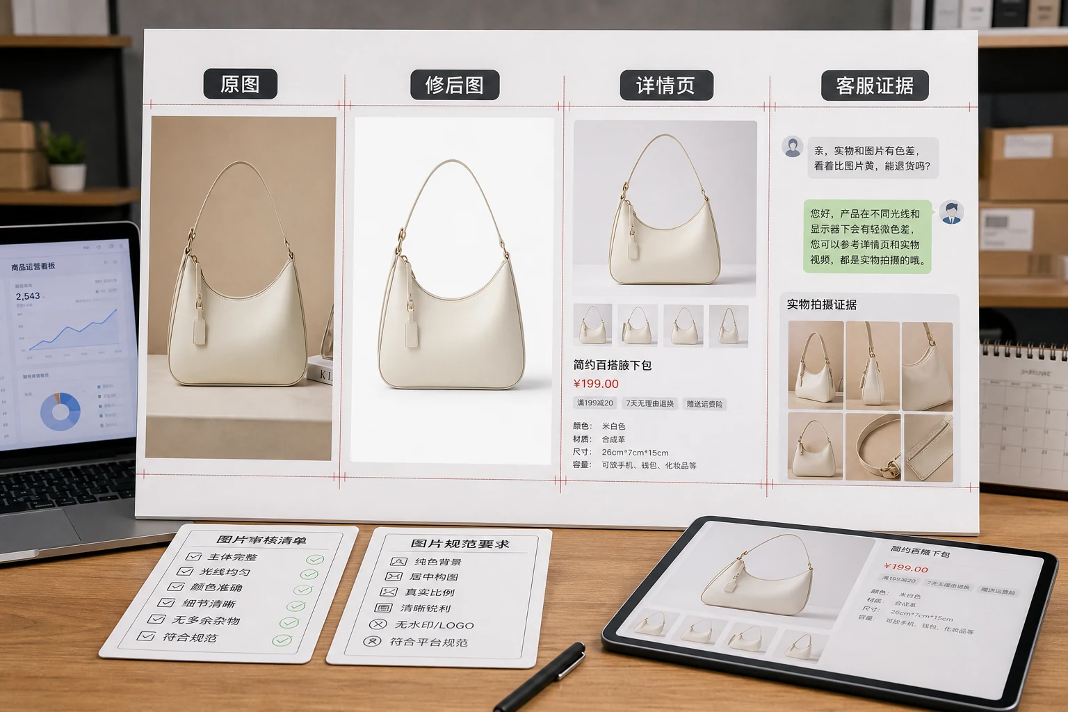 电商商品图四次回看工作台，包含原图、修后图、详情页和客服证据四个区域