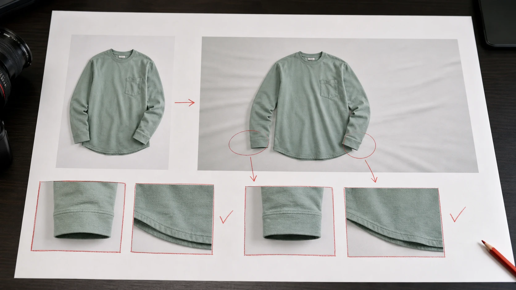 服装商品图扩图前后对比，袖口和衣摆边缘被重点标注