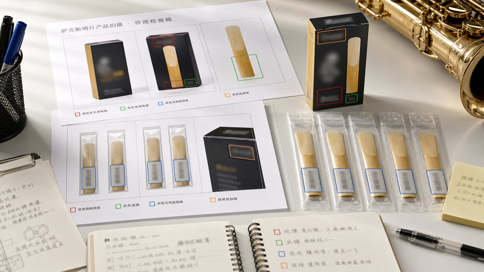 萨克斯哨片商品图返检工作台展示强度编号片尖封套和片盒数量