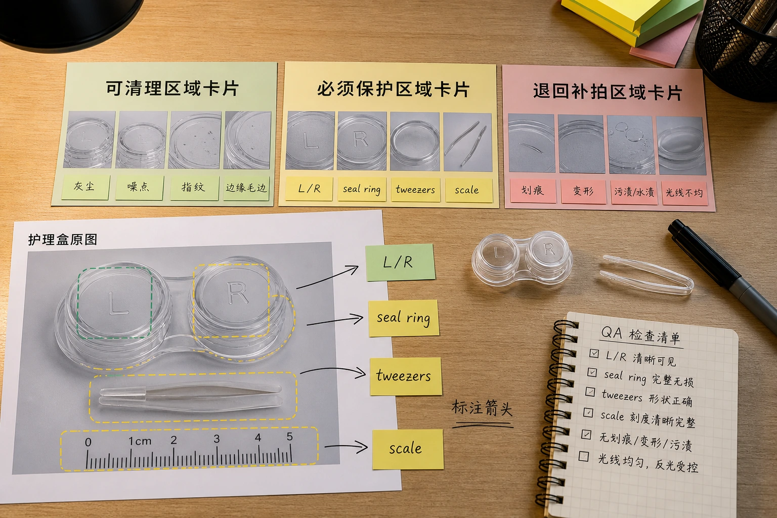 护理盒商品图修图分流工作台，区分可清理、必须保护和退回补拍区域