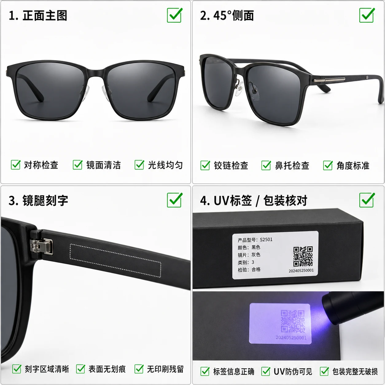 太阳镜商品图交付前四格质检板包含主图侧面镜腿局部和防 UV 包装标识