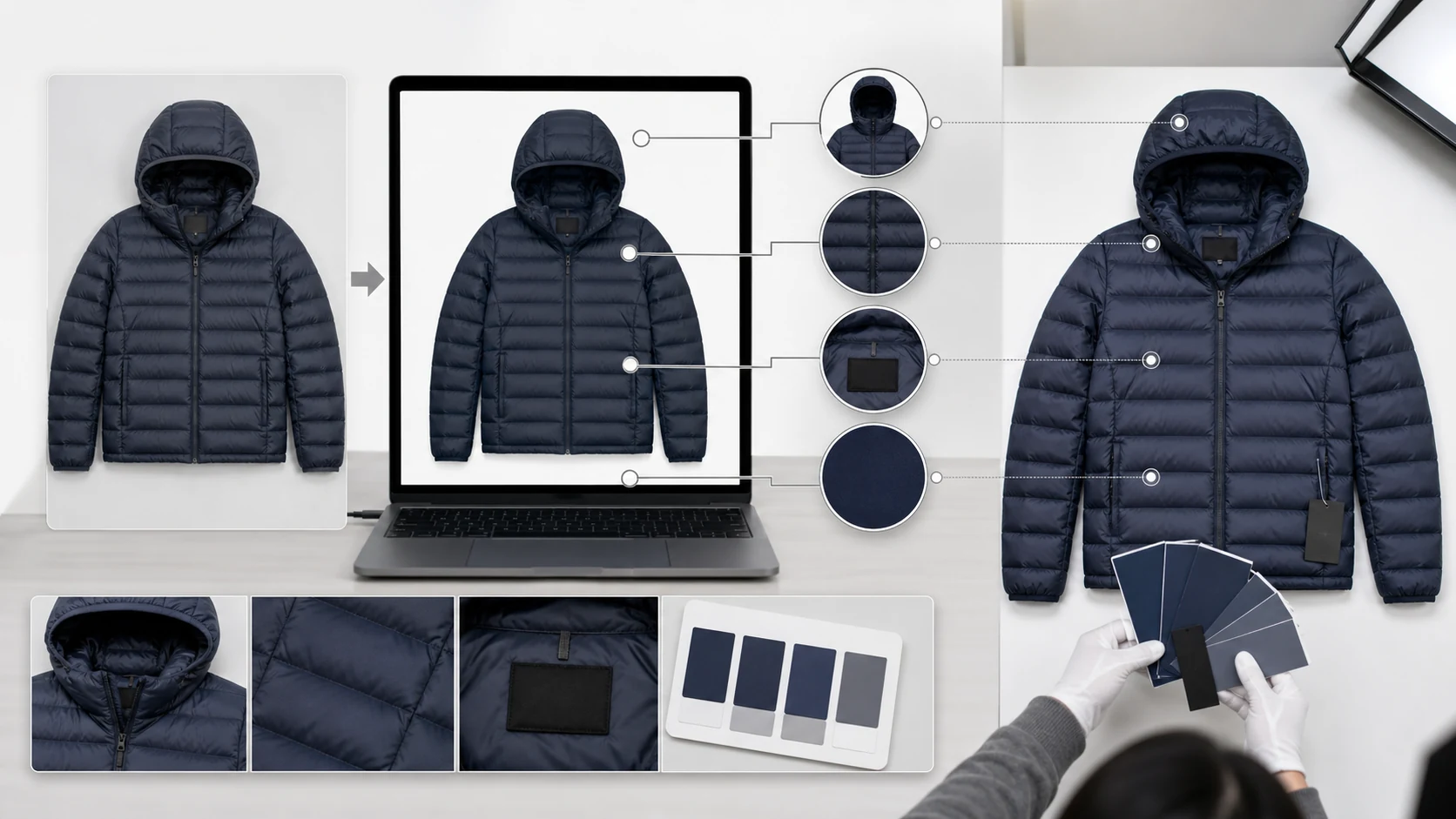 羽绒服商品图返检骨架图展示原图、AI 修图层和实物交付之间的四条检查线
