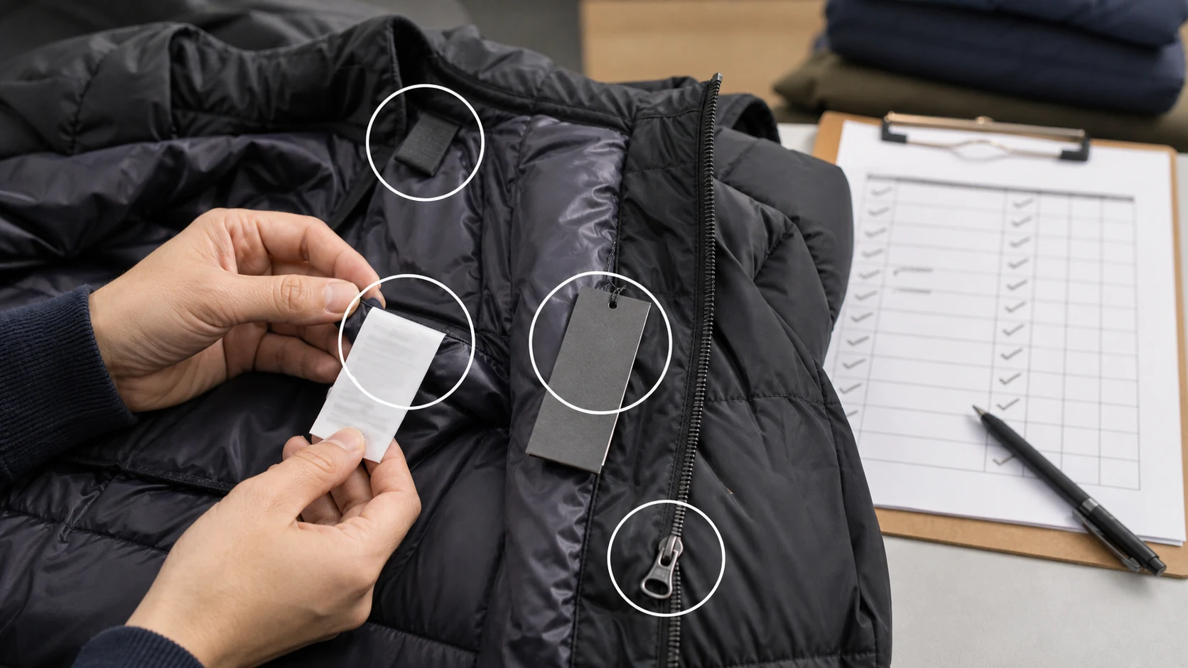羽绒服洗标、尺码牌、吊牌和拉链头的局部信息返检图
