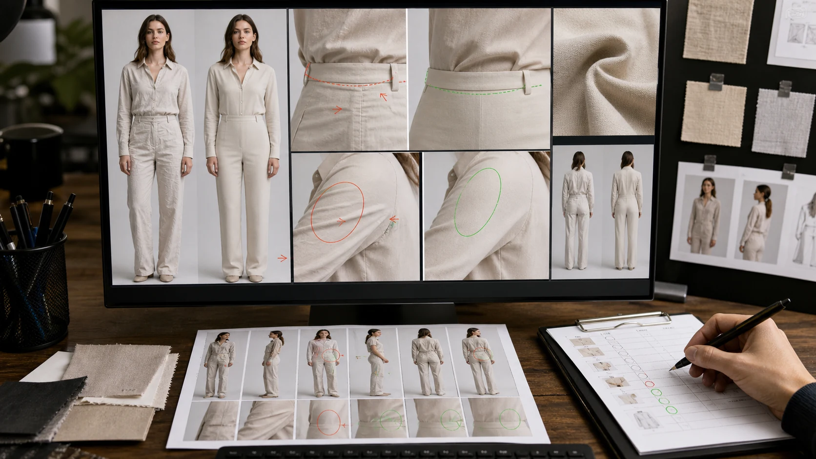 服装模特图返检工作台展示原图、AI 修后图、腰线和袖窿褶皱局部