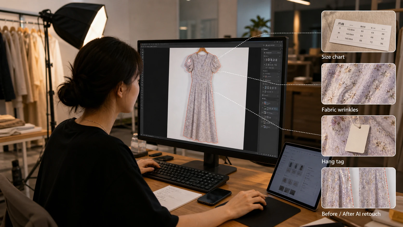服装直播运营在看尺码牌和面料褶皱的 AI 修图风险
