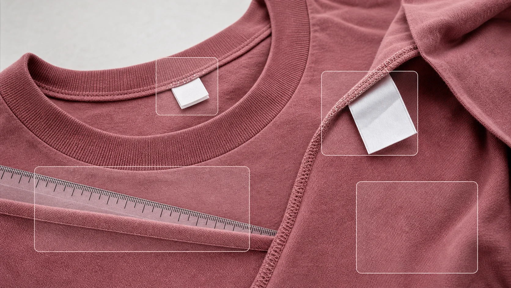 衣服面料纹理、尺码标签和测量线被圈出保护区域的局部近景