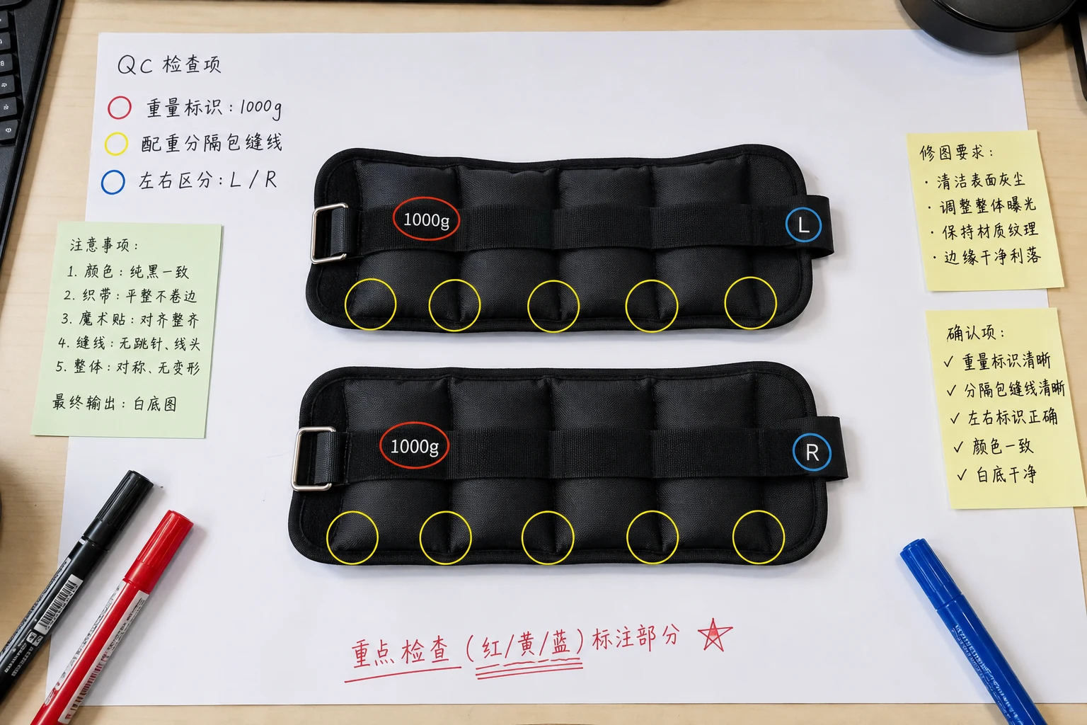 沙袋绑腿商品图标注板，圈出重量标、配重袋分隔线和左右脚方向