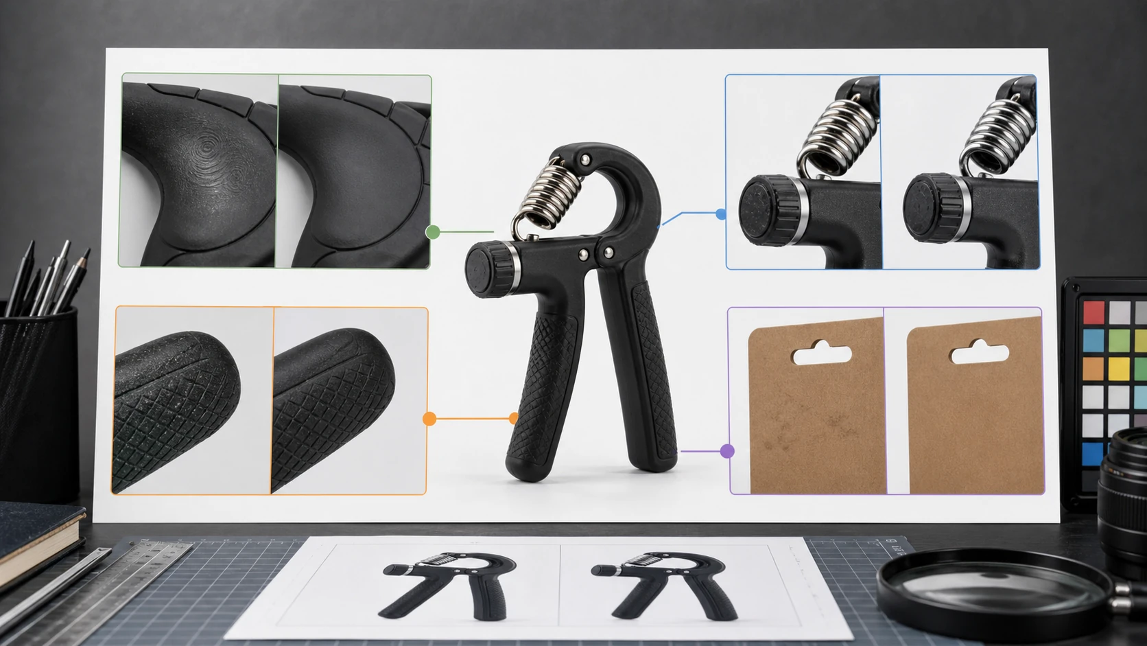 握力器商品图修图取舍板，展示掌垫压痕、弹簧阻力标、防滑纹和包装参数