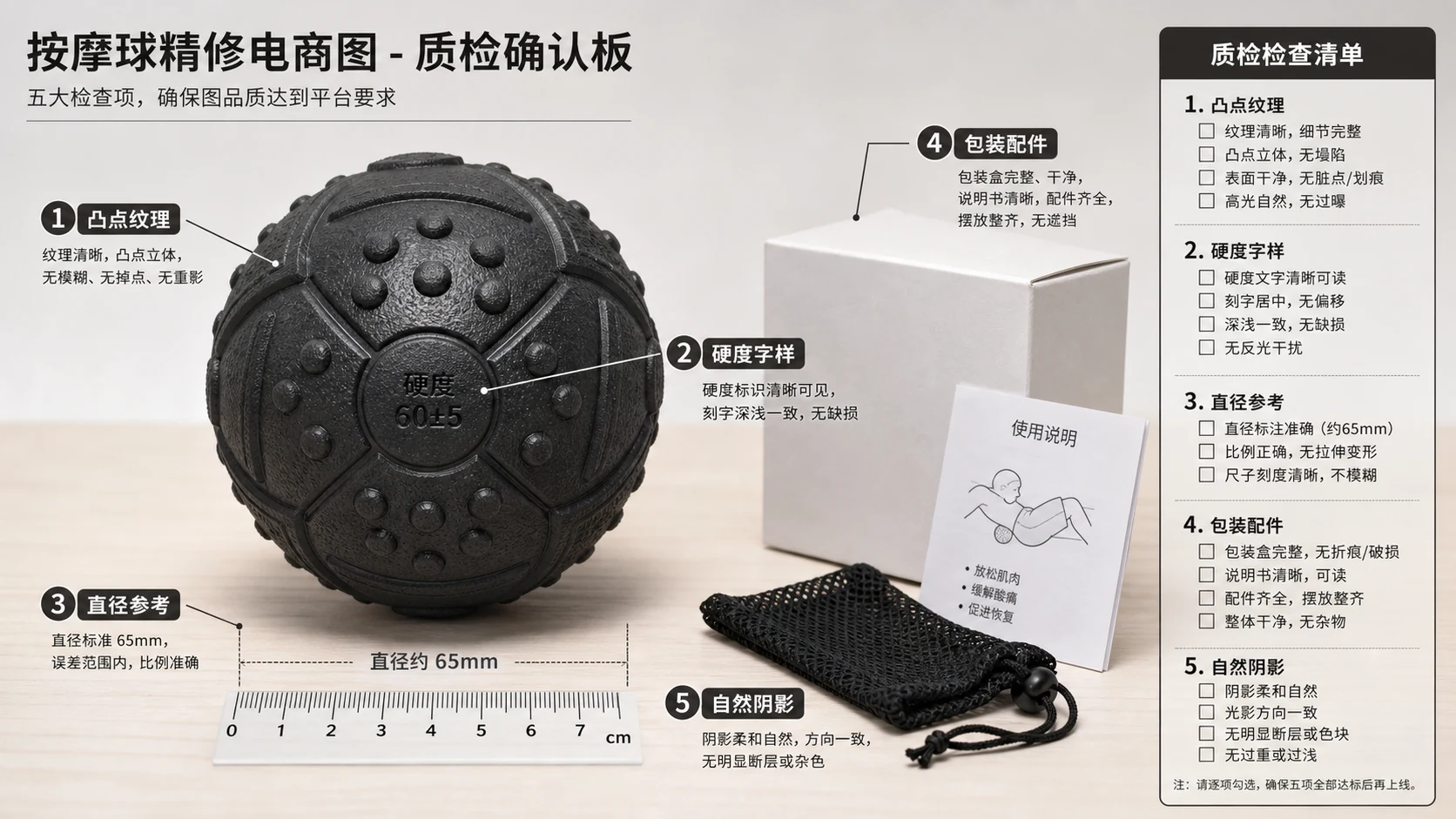 筋膜球商品图修图验收板，标出纹理、硬度、尺寸、包装和阴影五个证据点