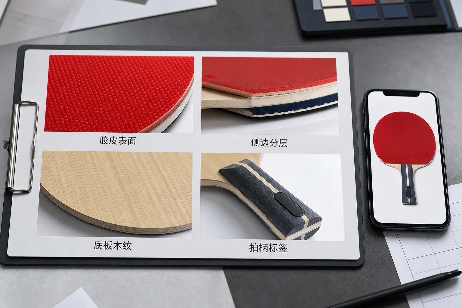 乒乓球拍商品图交付前的局部证据板和手机端缩略图检查