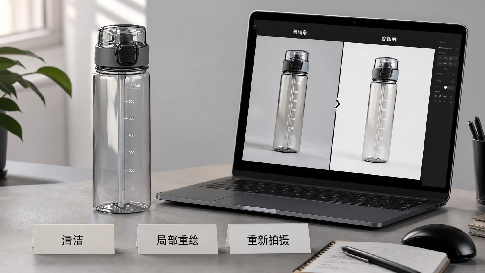 运动水壶商品图修图工作台，旁边标注清理、局部重绘和补拍三条路径