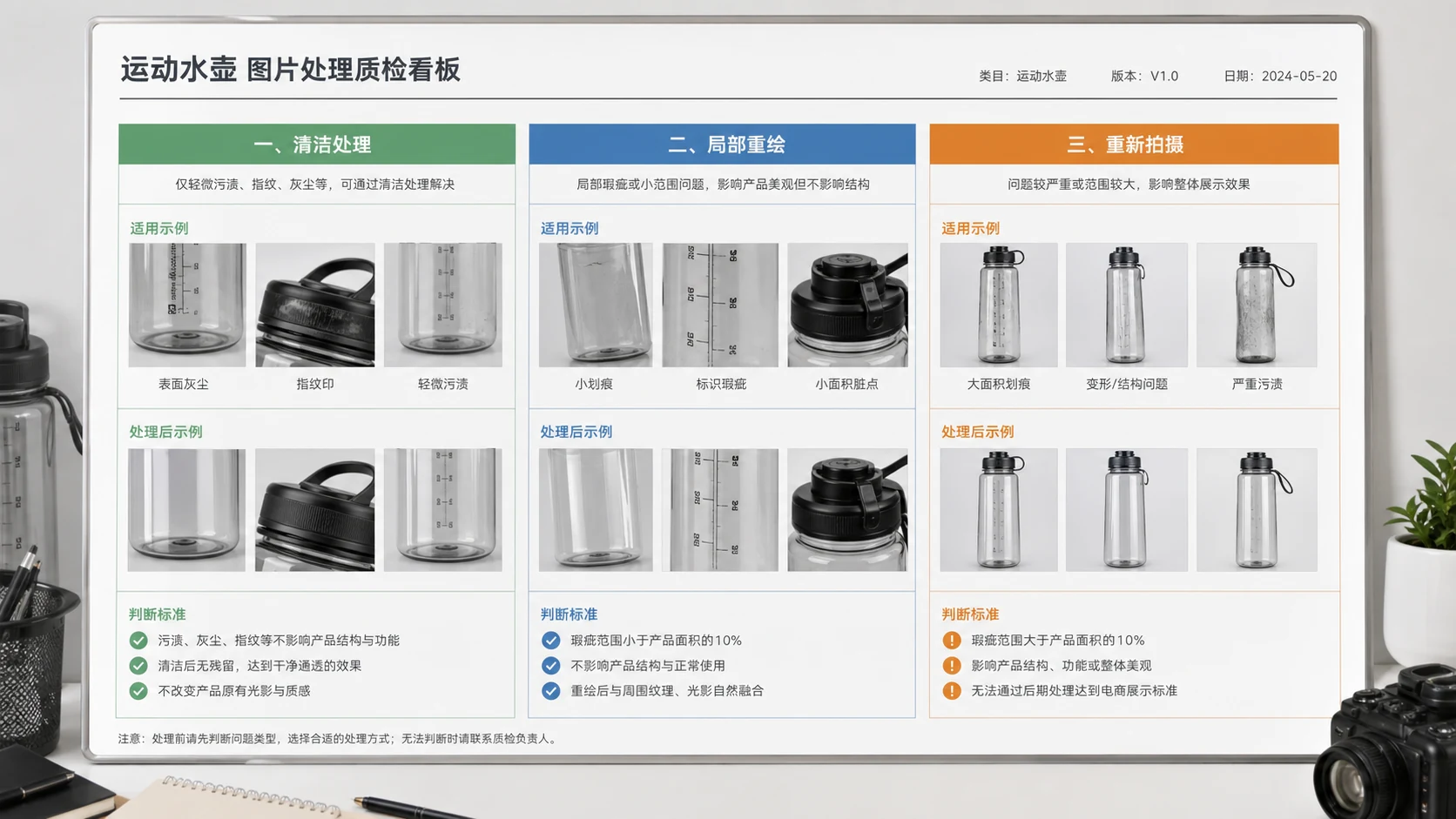 运动水壶商品图风险分层质检板，分为清理、重绘和补拍三栏
