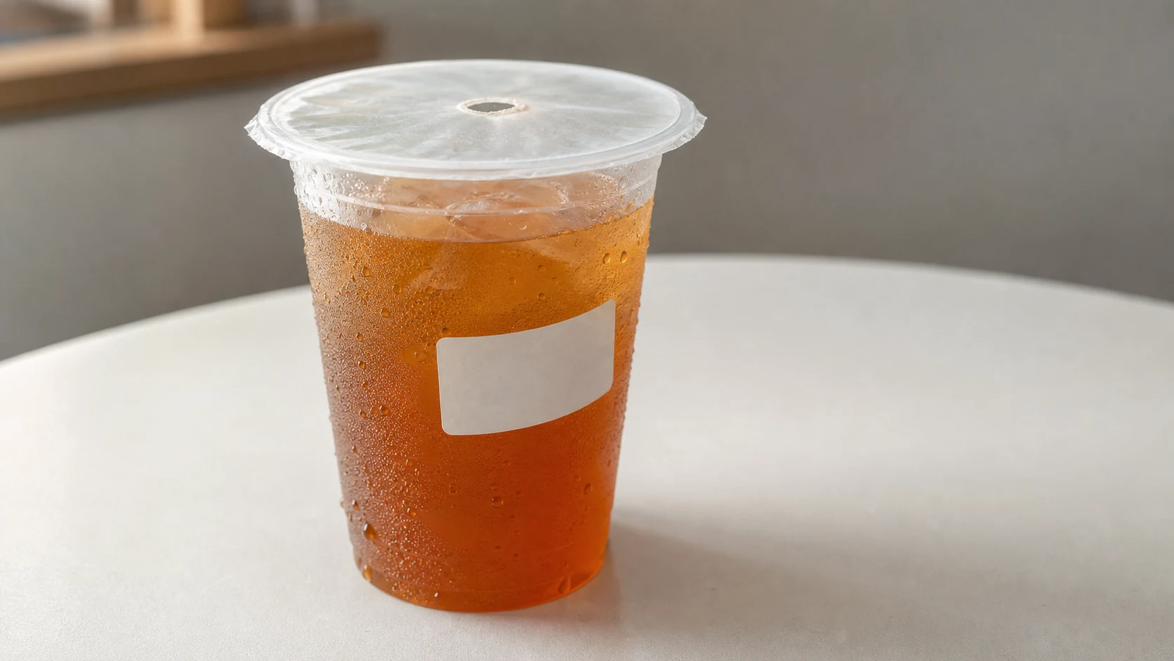 外卖冷饮透明杯放在浅色桌面上，杯口封膜、吸管孔、杯身标签和冷凝水都清晰可见