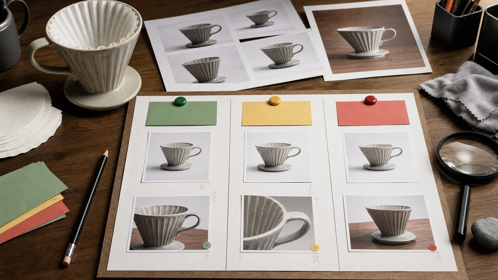 手冲咖啡滤杯商品图修图工作台展示滤杯、滤纸、三列处理卡和原图对照