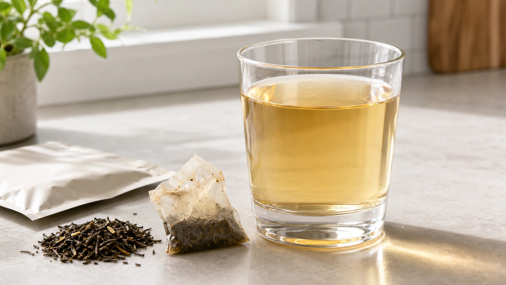 冷泡茶杯干茶茶包和淡琥珀茶汤在同一画面中保持真实色彩