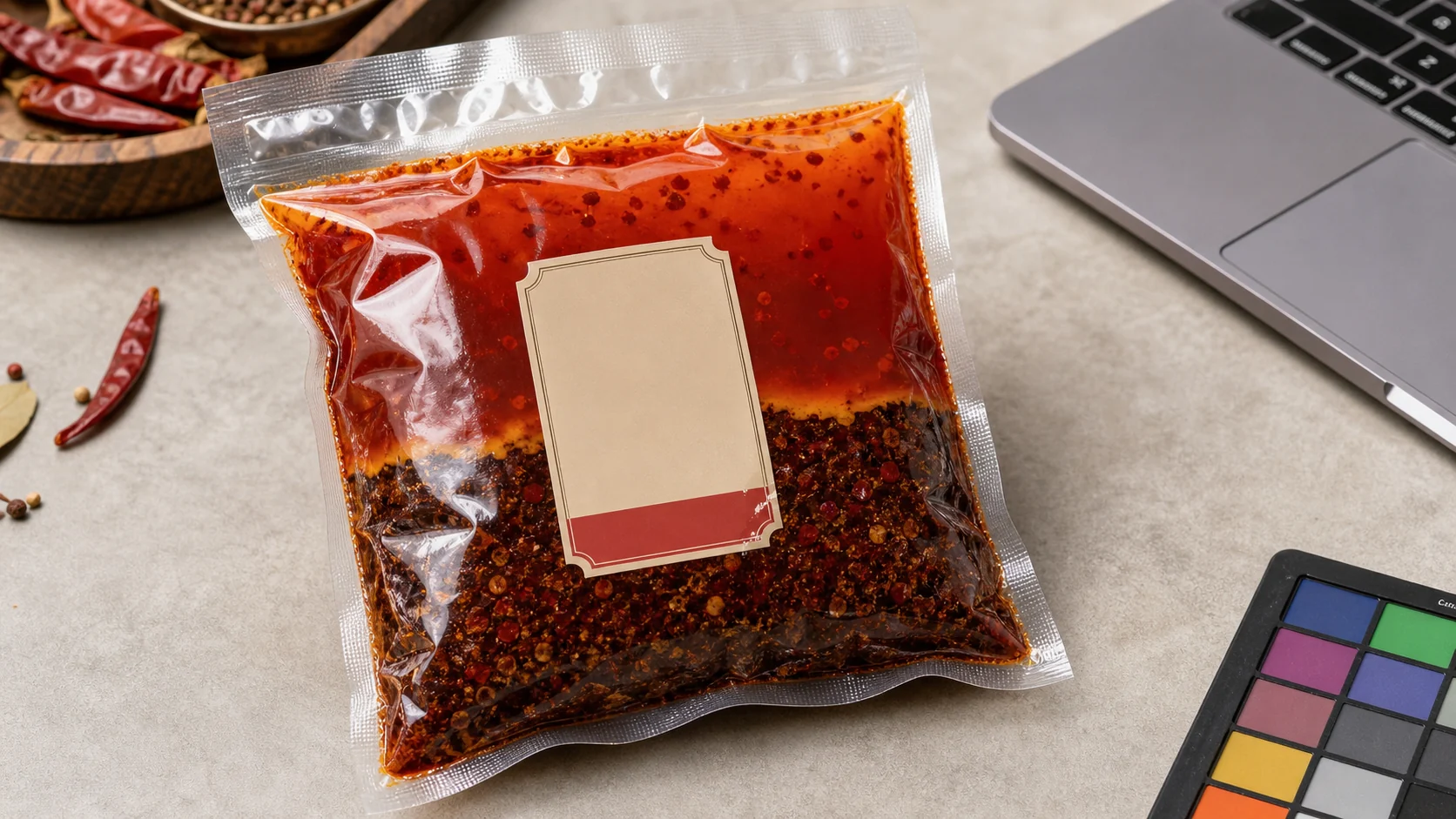 火锅底料袋装商品图放在工作台上，红油分层、辣椒颗粒和包装标签清晰可见