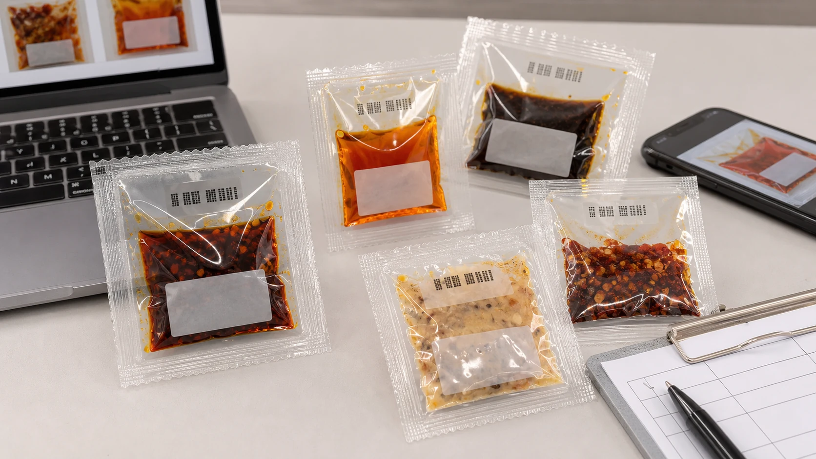 外卖小料包修图工作台展示封口齿配料贴日期码和油渍边证据区