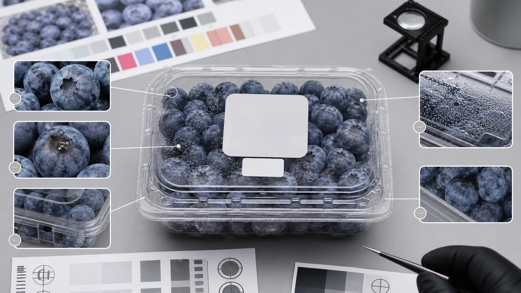 蓝莓盒商品图中果粉坏果盒盖水汽和净含量贴的证据区