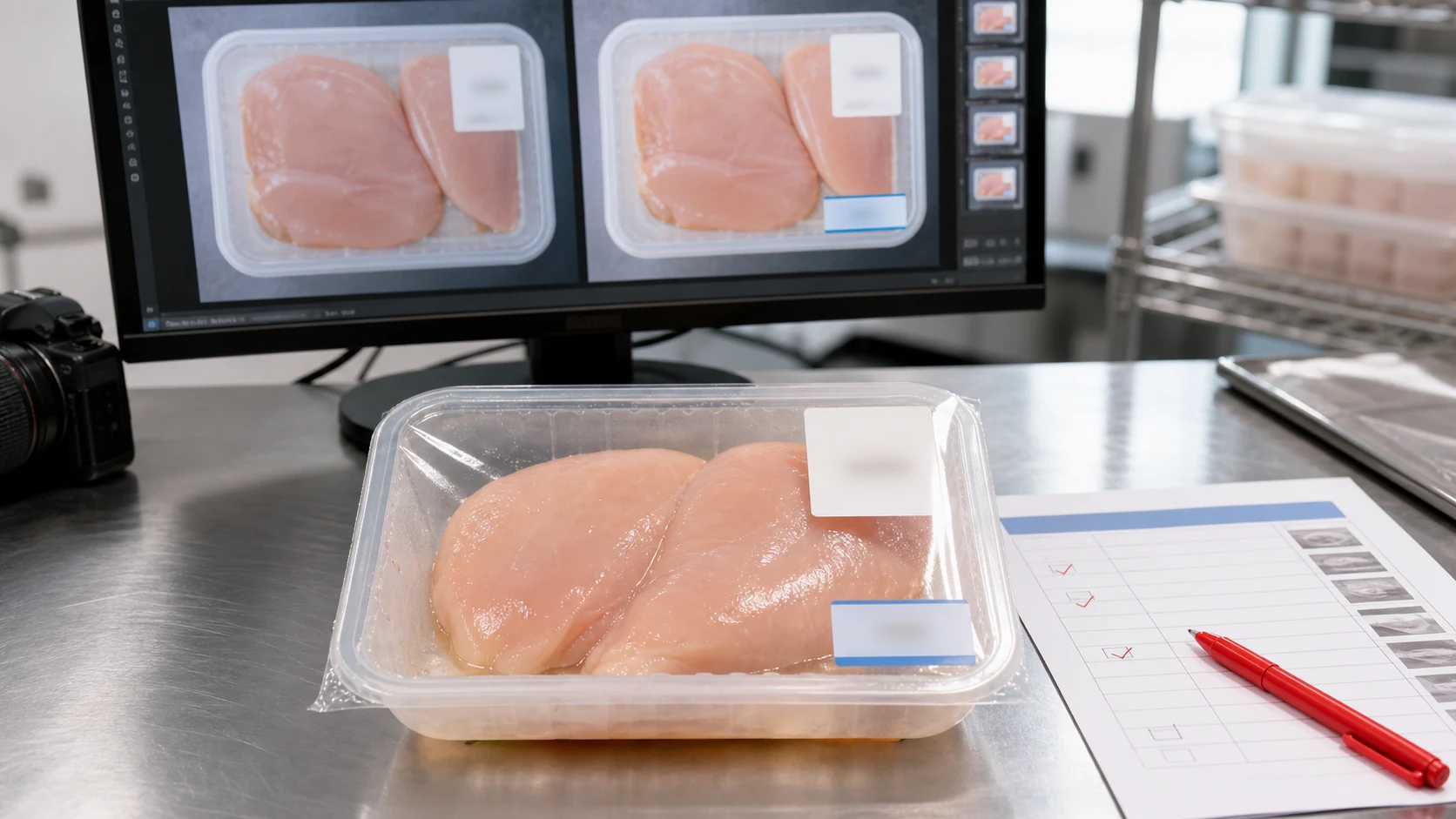 冷鲜鸡胸肉包装图返检工作台标出肉色汁液封膜和日期贴