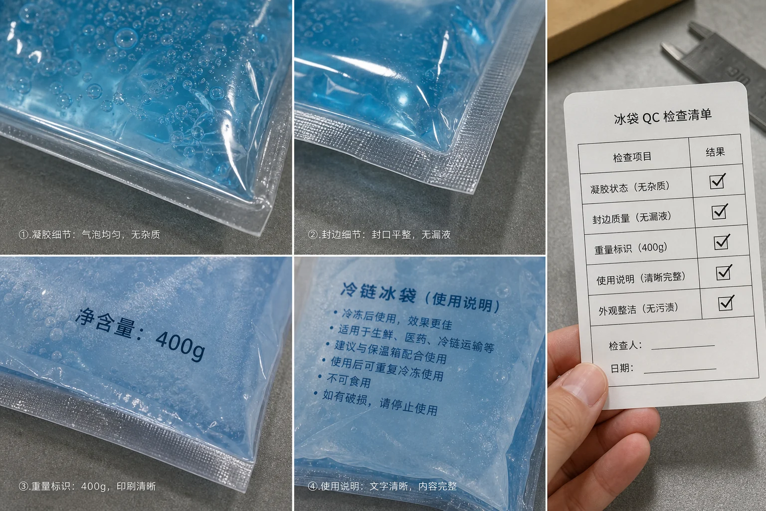 冷链冰袋交付前四项抽查，包含凝胶、封边、克重标和冷链提示细节