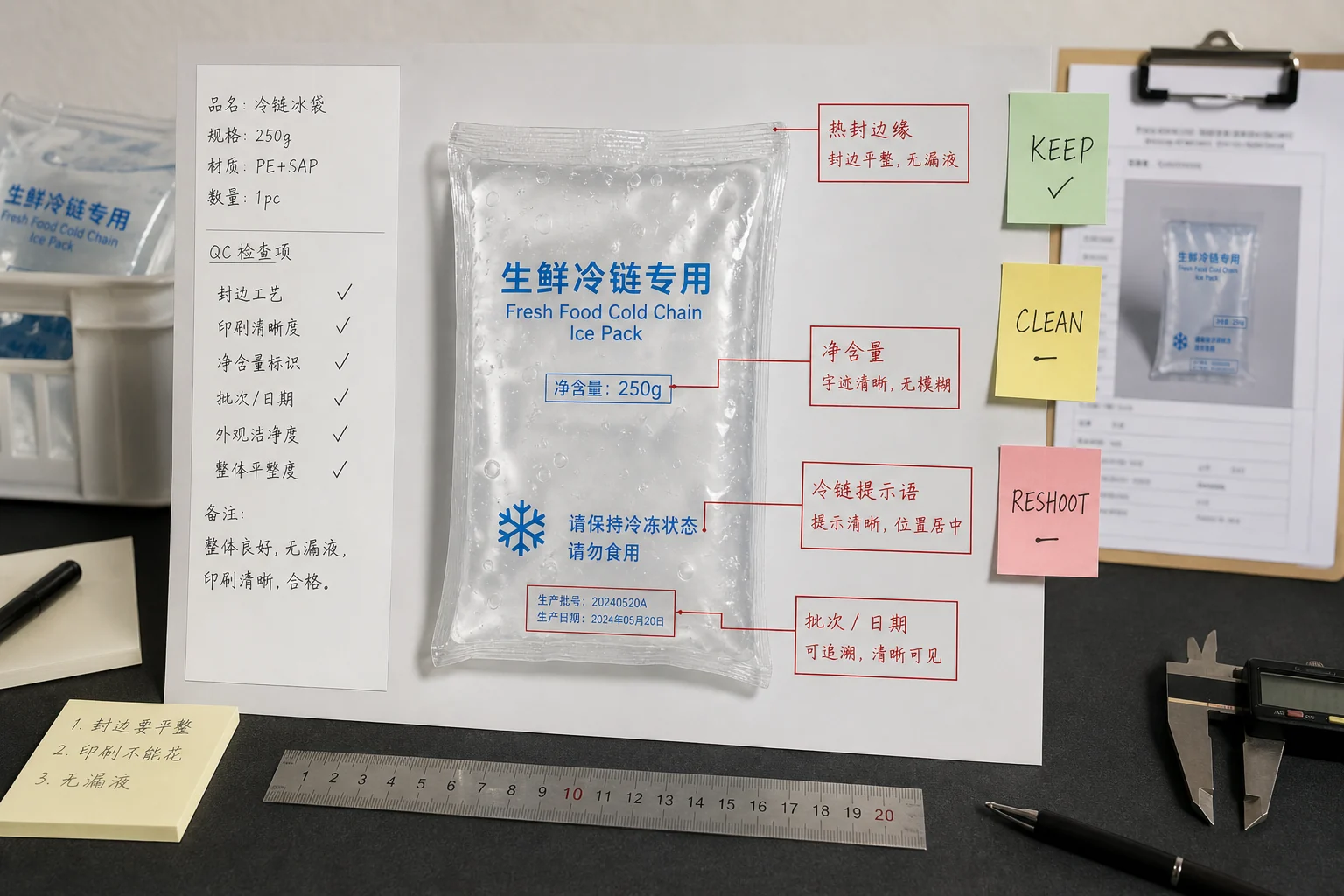 生鲜冷链冰袋商品图红线标注示意，封边、克重标和冷链提示被重点圈出