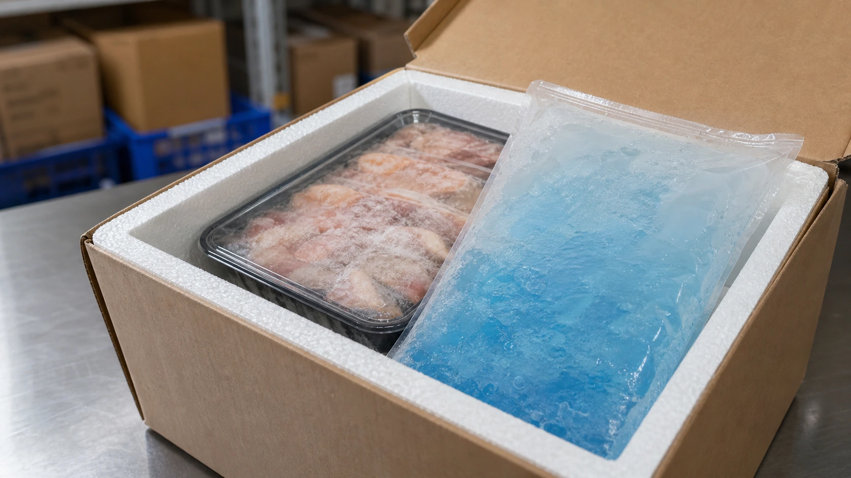 生鲜冷链箱里的冰袋封边凝胶和商品同框作为配送信任证据