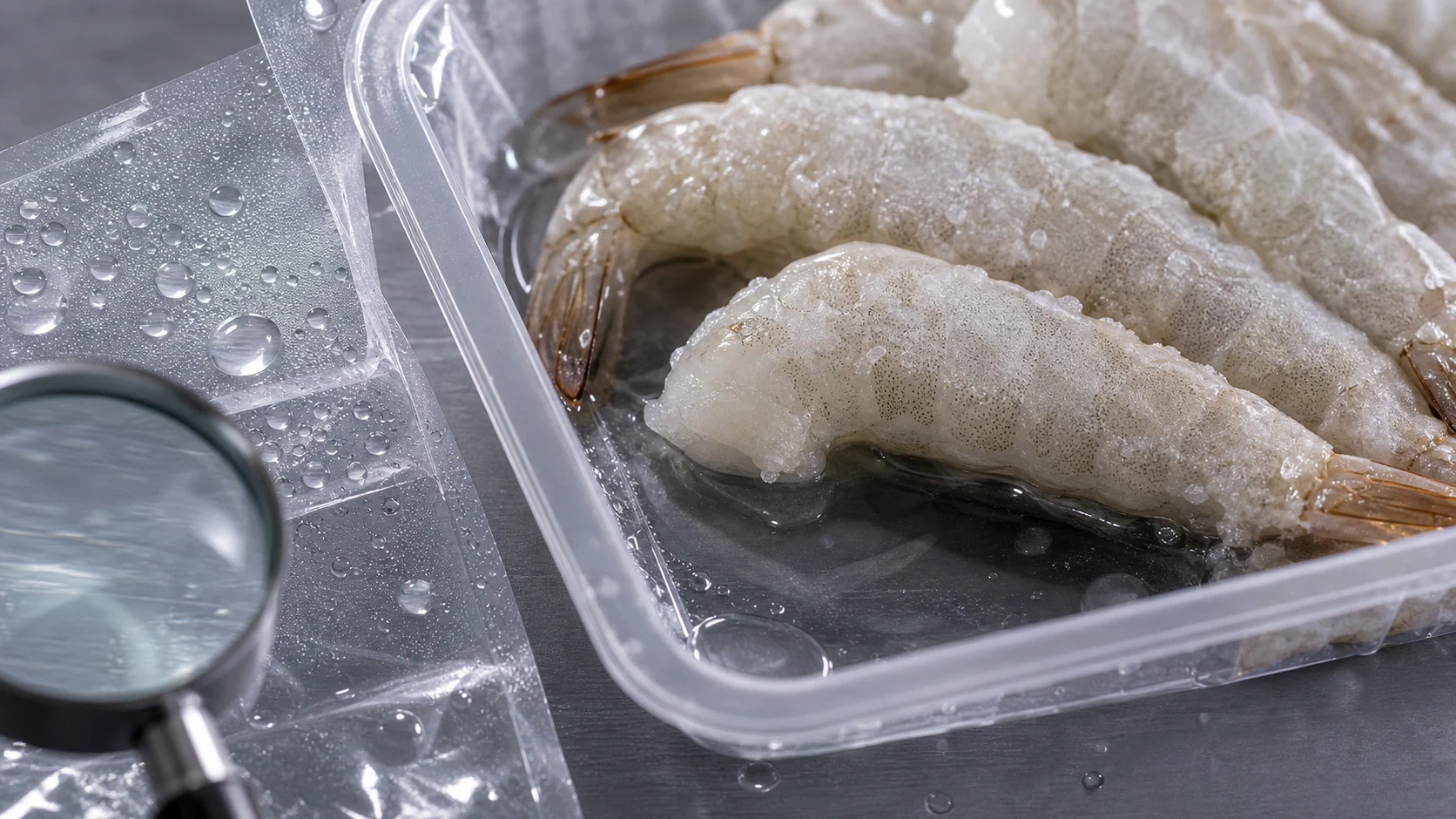 冷冻虾仁边缘冰衣、包装水雾和托盘积水的局部返检画面