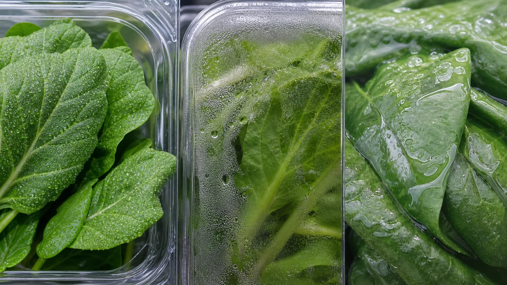 叶菜叶面水珠、包装凝露和过量水膜的局部对比