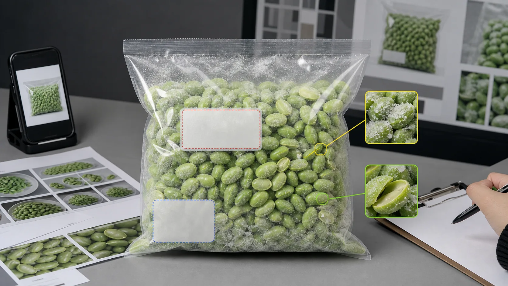 冷冻毛豆仁商品图工作台展示袋内冰霜豆粒裂口和标签证据区