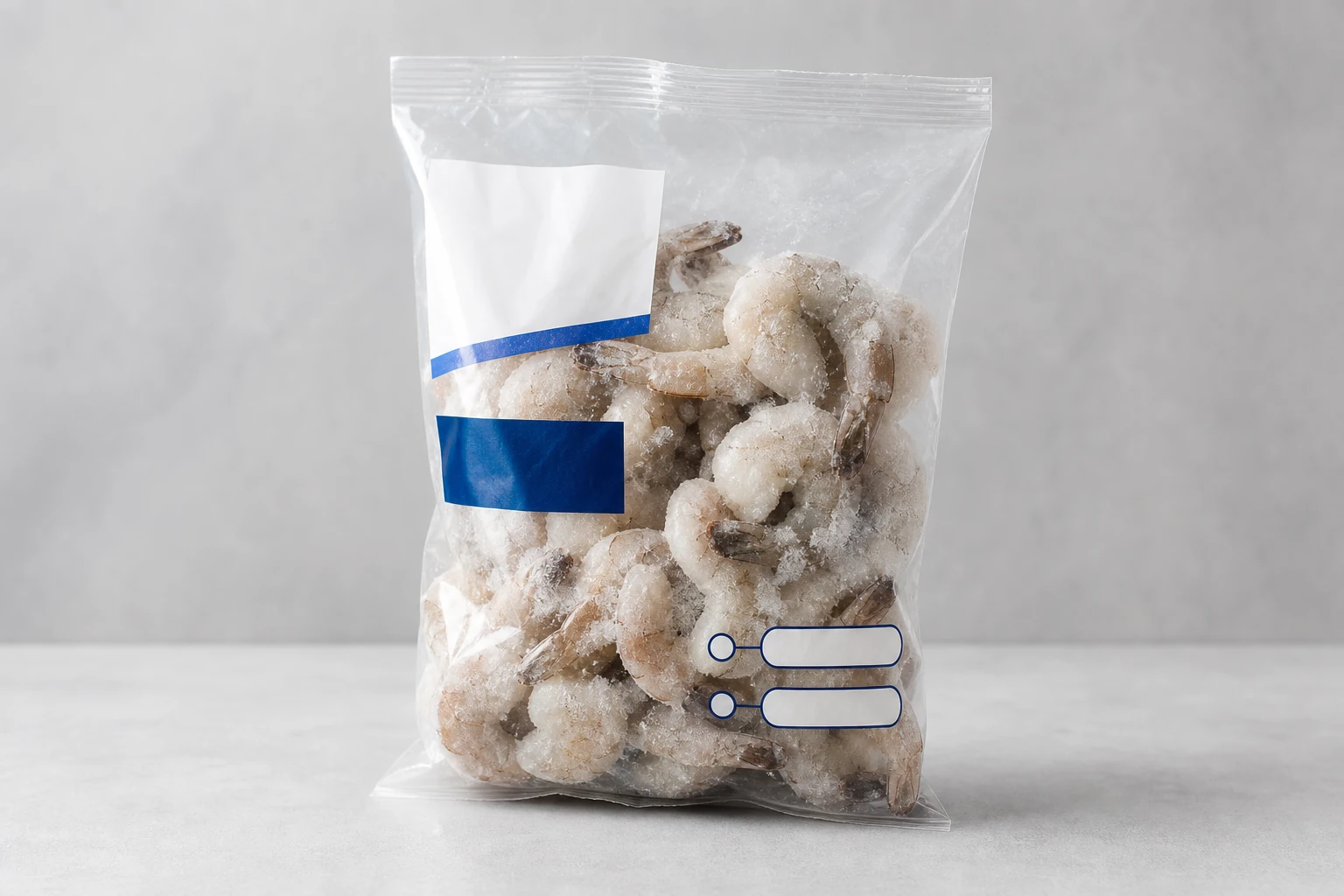 冷冻虾袋装商品图旁边标出规格产地净含量冰衣和封口边
