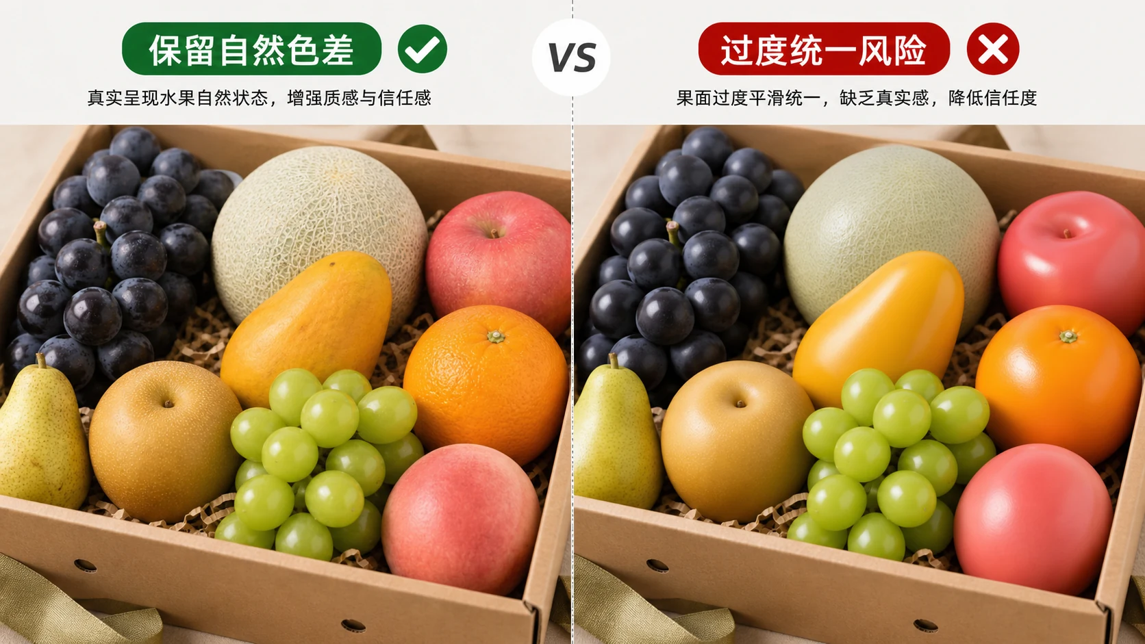 水果礼盒果面高光对比图，左侧保留自然色差，右侧标出过度统一的蜡感风险