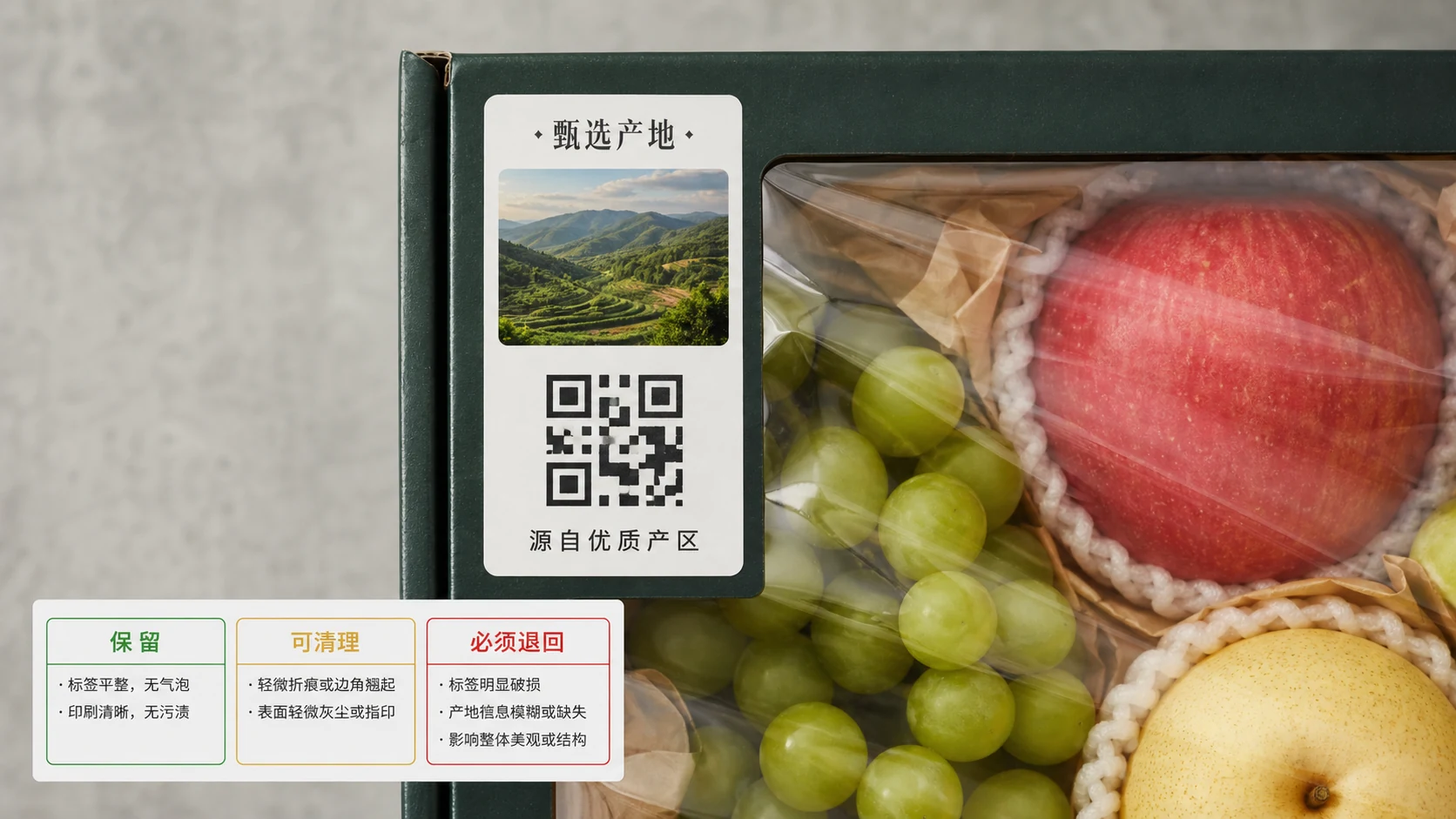 水果礼盒左上角贴纸局部放大，旁边有保留、可清理、必须退回三列标注