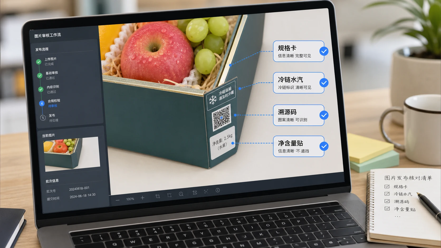 水果礼盒右下角发布前检查界面，标出规格卡、冷链水汽、溯源码和净含量贴四项 gate