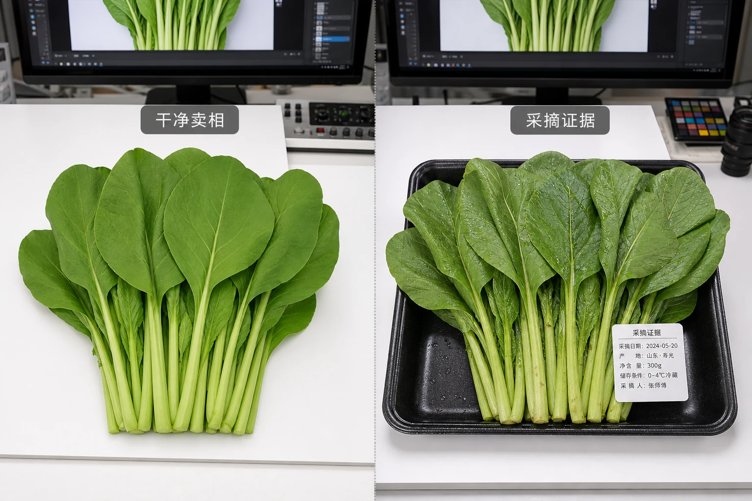 叶菜商品图干净卖相与采摘证据保留的双栏对比