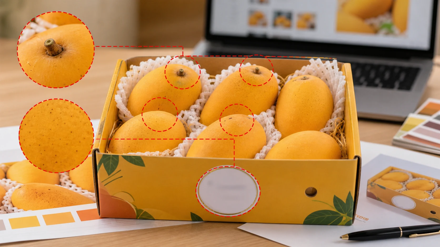 芒果礼盒商品图工作台上标出果蒂糖斑和产地标签证据区