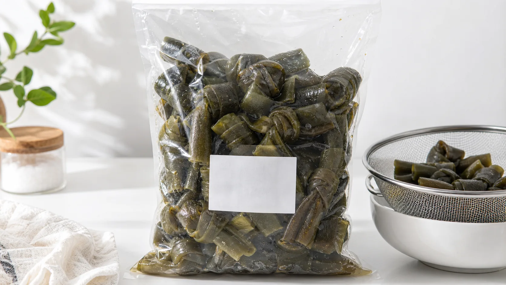盐渍海带结袋装商品图旁放着标签和沥水小碗的证据区总览